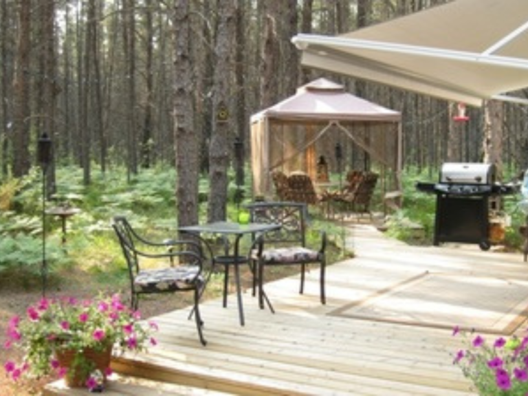 Seasonal site with view of their deck and gazebo and the pine forest surrounding them.